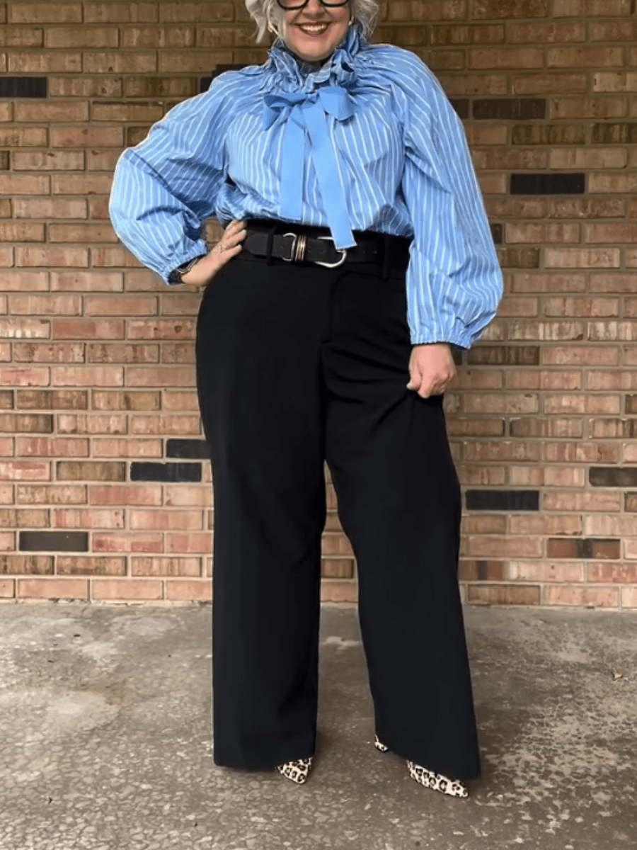 Plus Size Blue Striped Ruffle Neck Bow Blouse With Balloon Sleeves - allsose