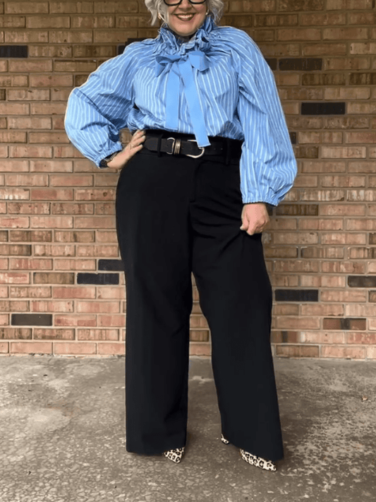 Plus Size Blue Striped Ruffle Neck Bow Blouse With Balloon Sleeves - allsose