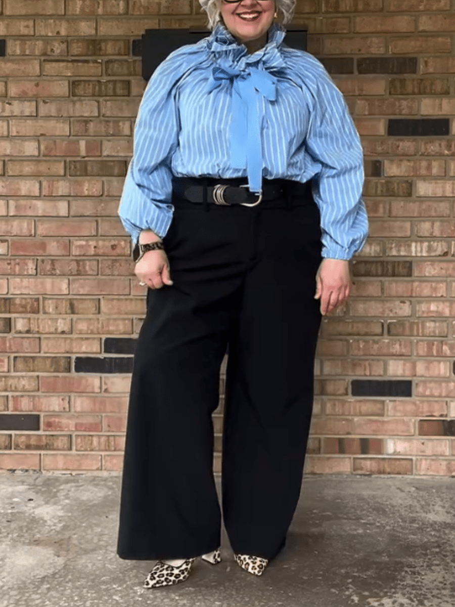 Plus Size Blue Striped Ruffle Neck Bow Blouse With Balloon Sleeves - allsose