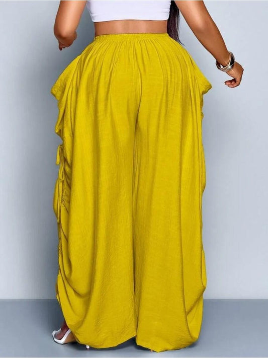 Plus Size Women Solid Color Casual Loose Pocket Drawstring Pants - allsose