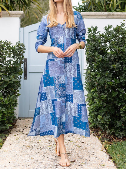 Printed Button - up V Neck Slit Hem Dress - allsose