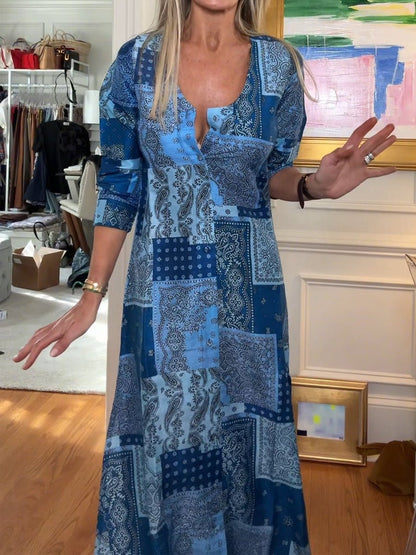 Printed Button - up V Neck Slit Hem Dress - allsose