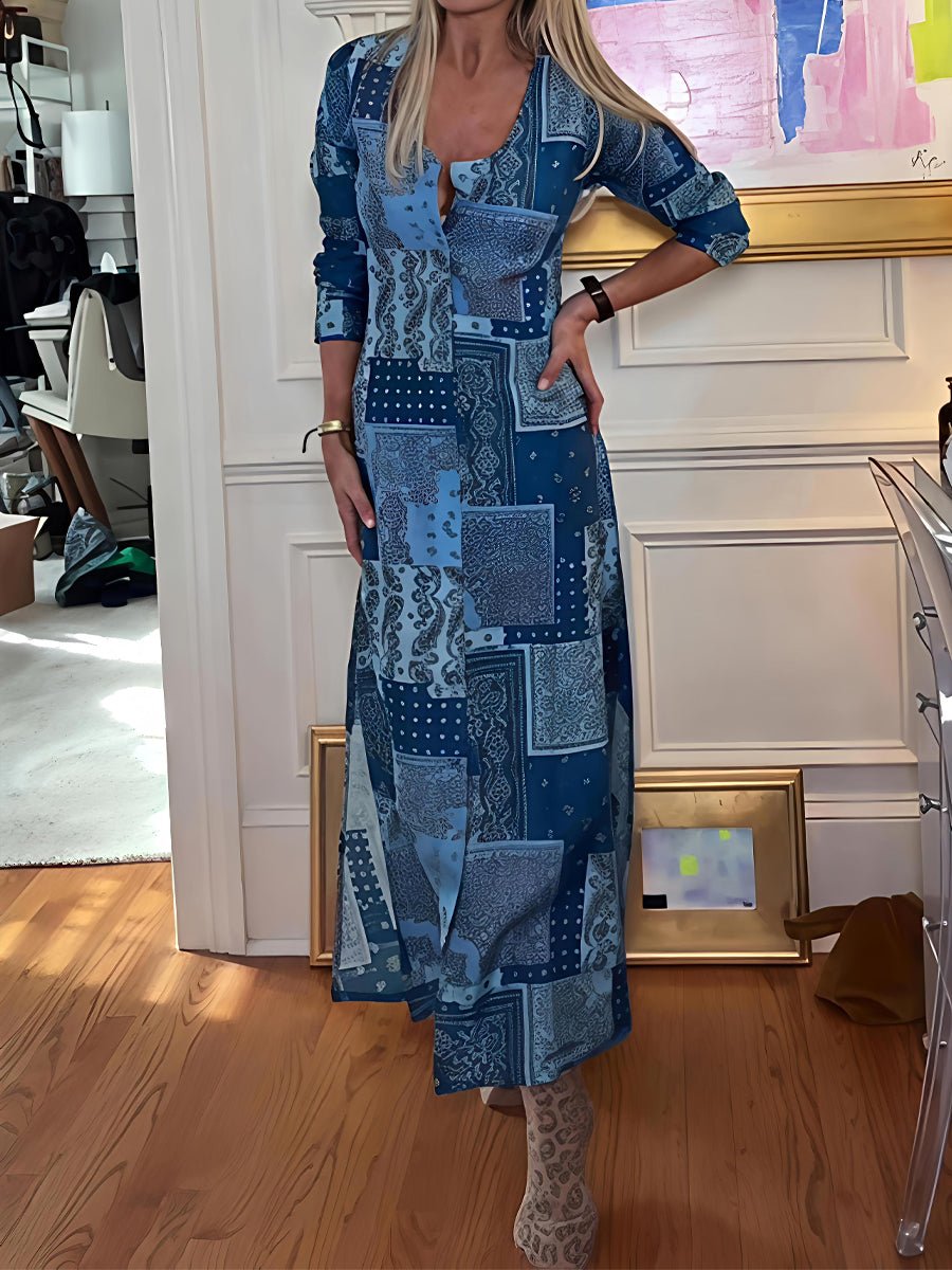 Printed Button - up V Neck Slit Hem Dress - allsose