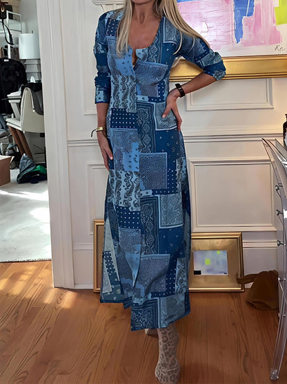 Printed Button - up V Neck Slit Hem Dress - allsose