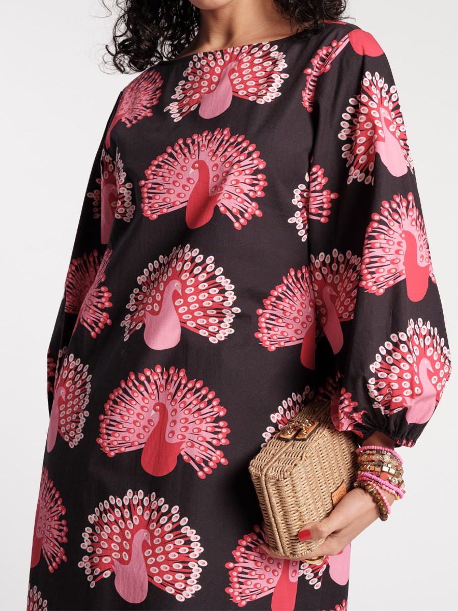 Printed Puff Sleeves Loose - fitting Maxi Dress - allsose