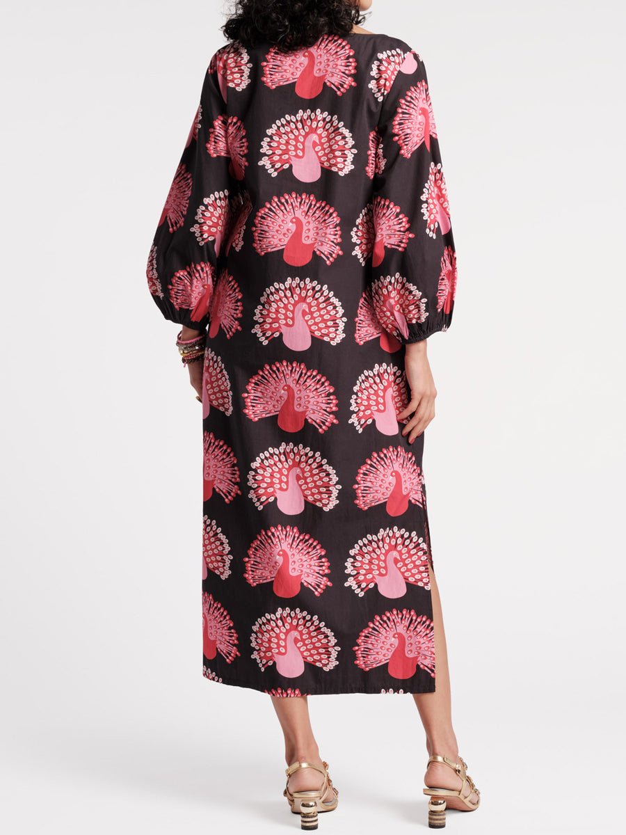 Printed Puff Sleeves Loose - fitting Maxi Dress - allsose