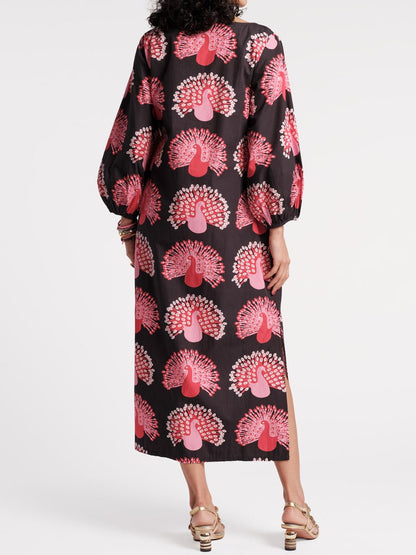 Printed Puff Sleeves Loose - fitting Maxi Dress - allsose