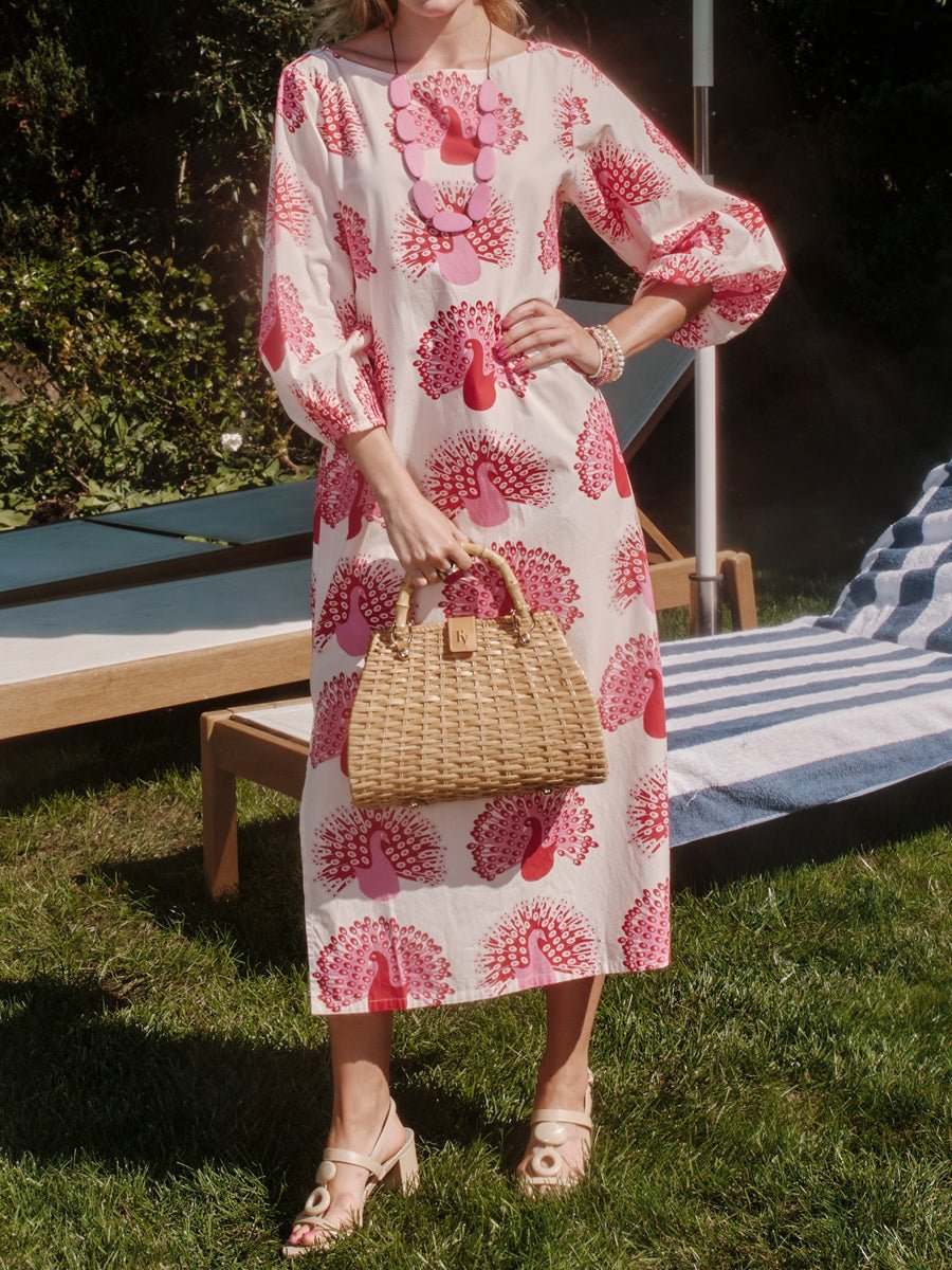 Printed Puff Sleeves Loose - fitting Maxi Dress - allsose