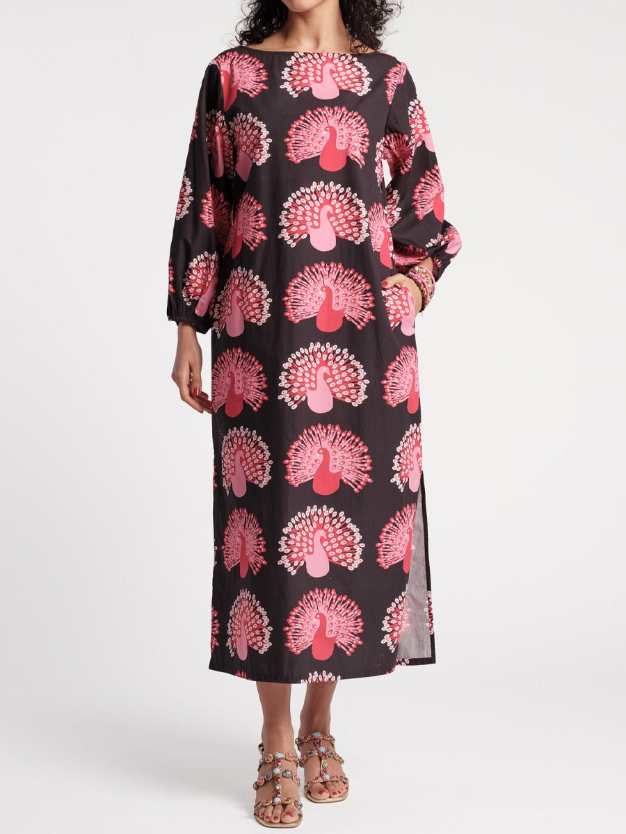 Printed Puff Sleeves Loose - fitting Maxi Dress - allsose