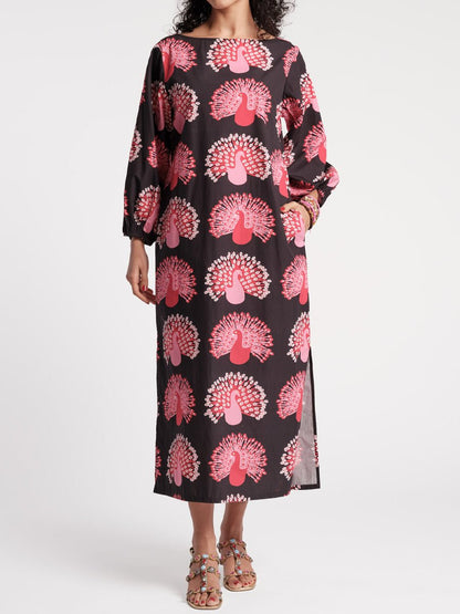 Printed Puff Sleeves Loose - fitting Maxi Dress - allsose