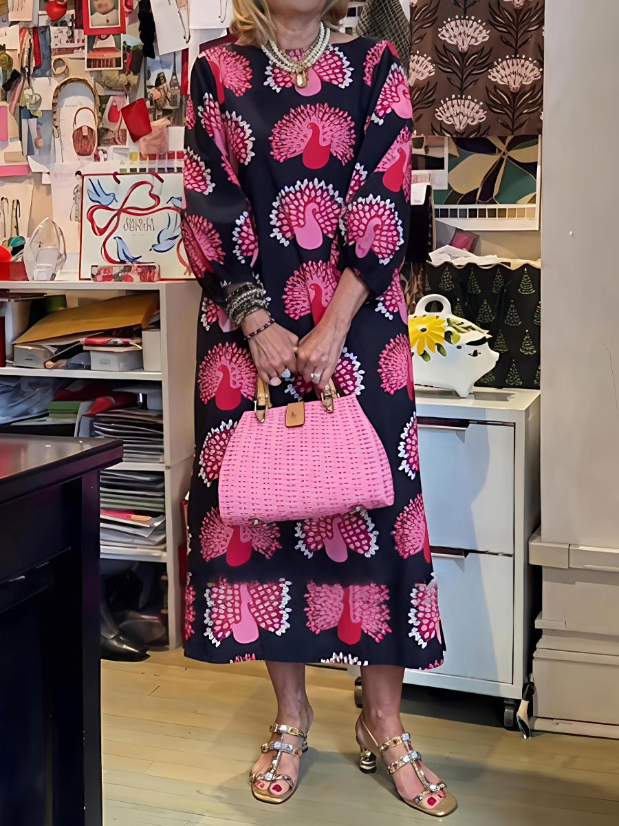 Printed Puff Sleeves Loose - fitting Maxi Dress - allsose