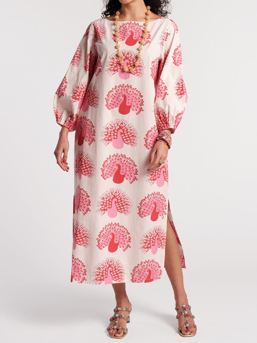Printed Puff Sleeves Loose - fitting Maxi Dress - allsose