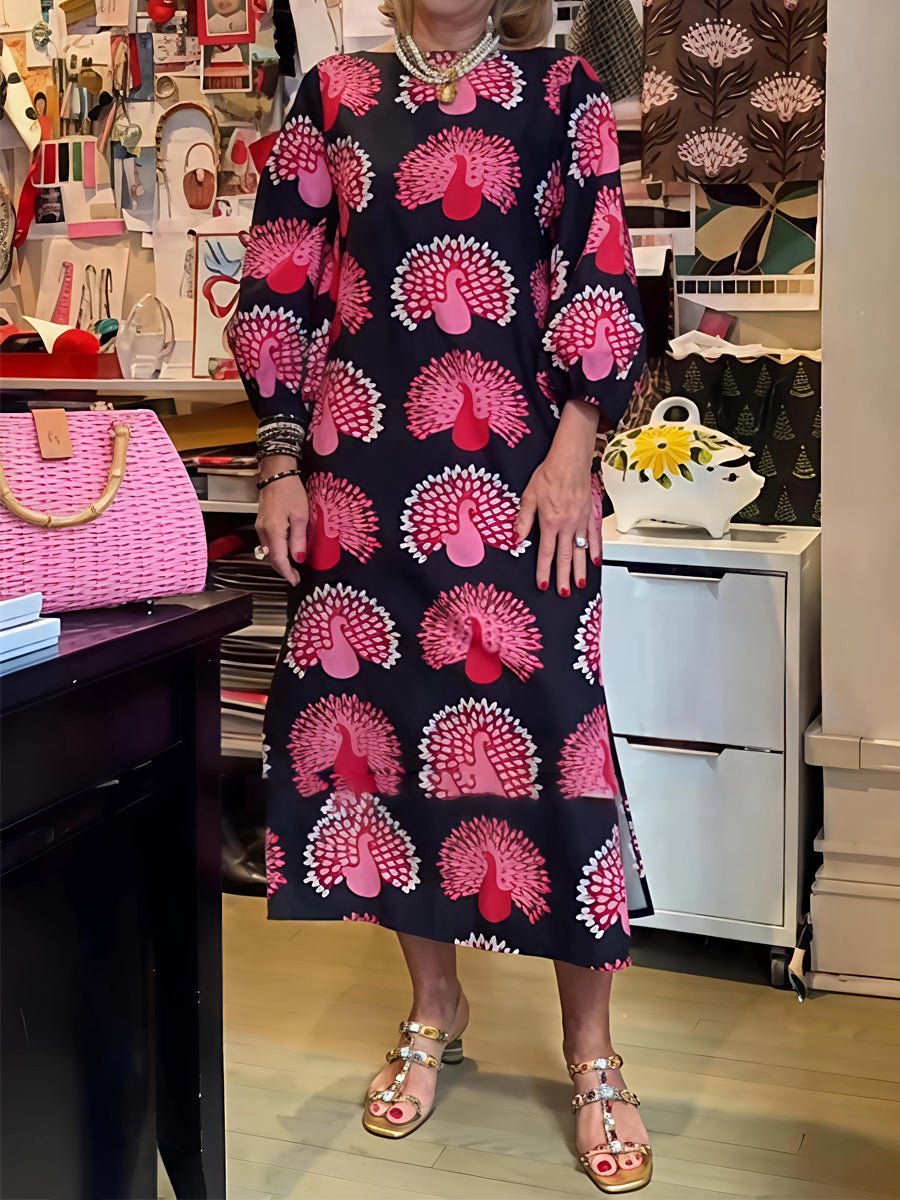 Printed Puff Sleeves Loose - fitting Maxi Dress - allsose