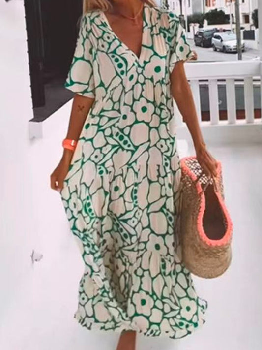 Printed Short - Sleeve V - Neck Dress - allsose