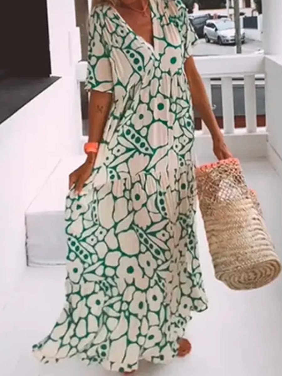 Printed Short - Sleeve V - Neck Dress - allsose