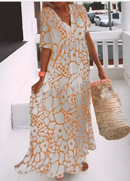 Printed Short - Sleeve V - Neck Dress - allsose