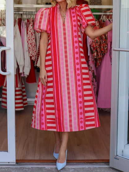 Printed V Neck Elastic Puff Sleeves Loose Maxi Dress - allsose