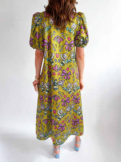 Printed V Neck Elastic Puff Sleeves Loose Maxi Dress - allsose