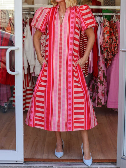 Printed V Neck Elastic Puff Sleeves Loose Maxi Dress - allsose