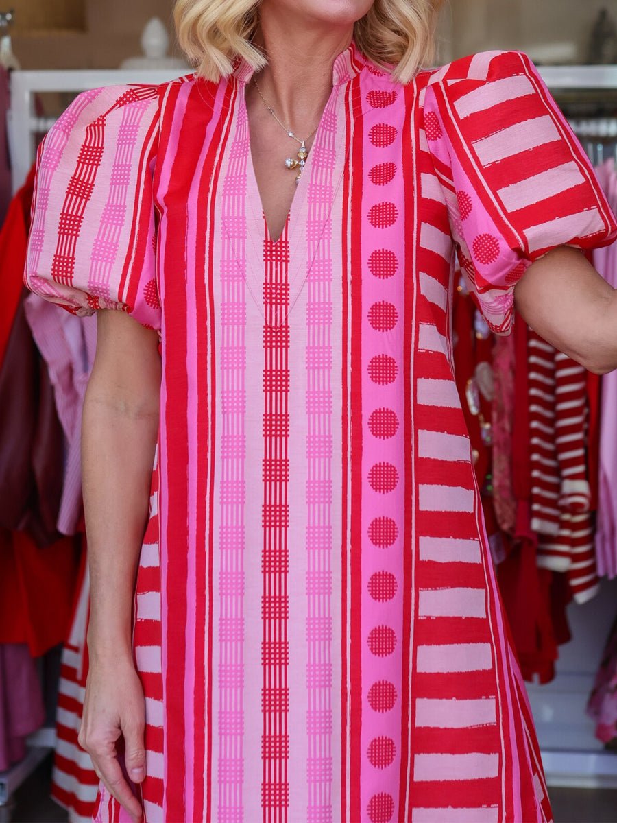 Printed V Neck Elastic Puff Sleeves Loose Maxi Dress - allsose