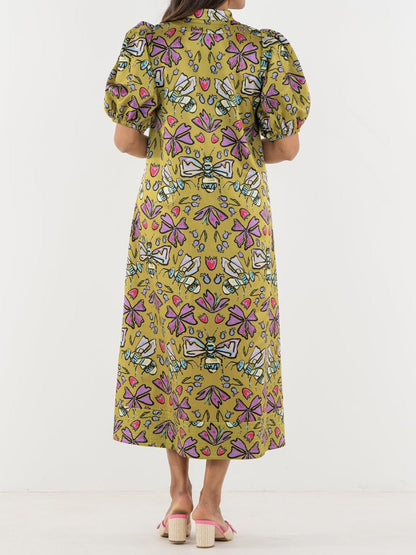 Printed V Neck Elastic Puff Sleeves Loose Maxi Dress - allsose