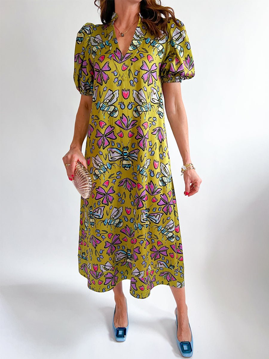 Printed V Neck Elastic Puff Sleeves Loose Maxi Dress - allsose