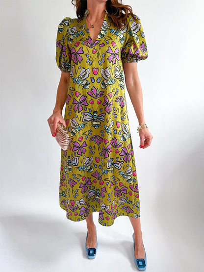 Printed V Neck Elastic Puff Sleeves Loose Maxi Dress - allsose