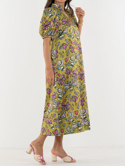 Printed V Neck Elastic Puff Sleeves Loose Maxi Dress - allsose