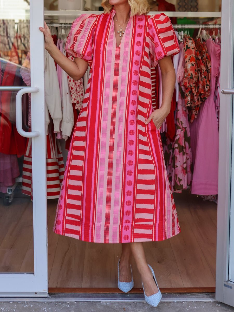 Printed V Neck Elastic Puff Sleeves Loose Maxi Dress - allsose