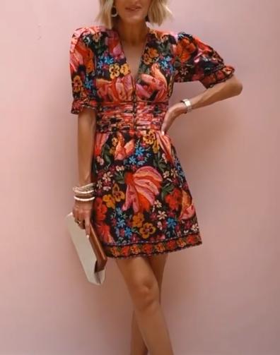 Printed V - neck Puff Sleeve Dress - allsose