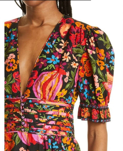 Printed V - neck Puff Sleeve Dress - allsose