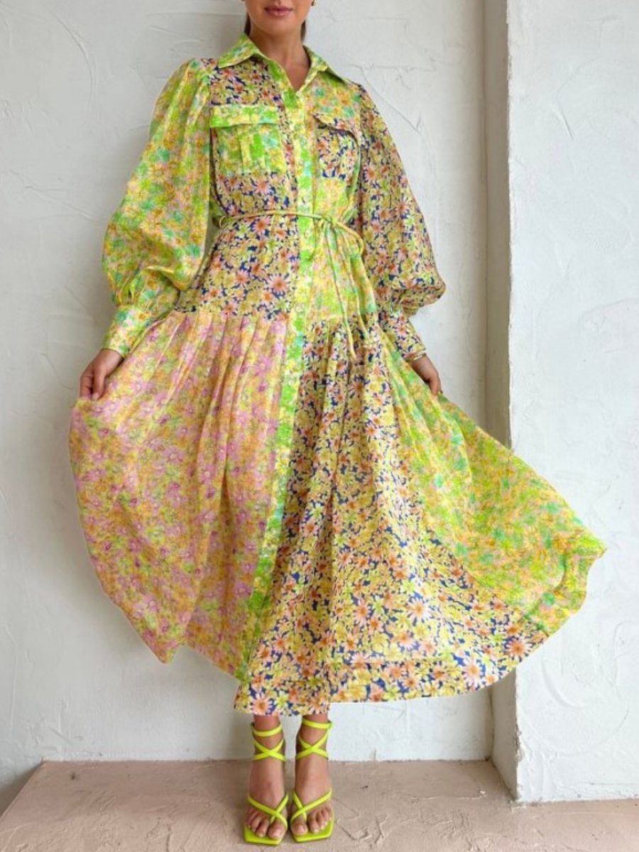 Printing Lantern Sleeve Dress - allsose