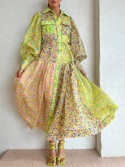 Printing Lantern Sleeve Dress - allsose