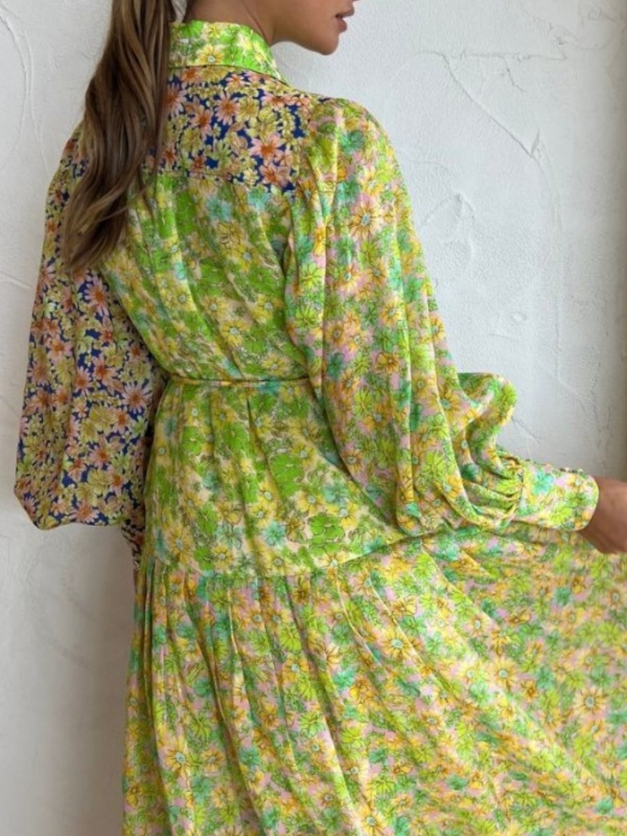 Printing Lantern Sleeve Dress - allsose