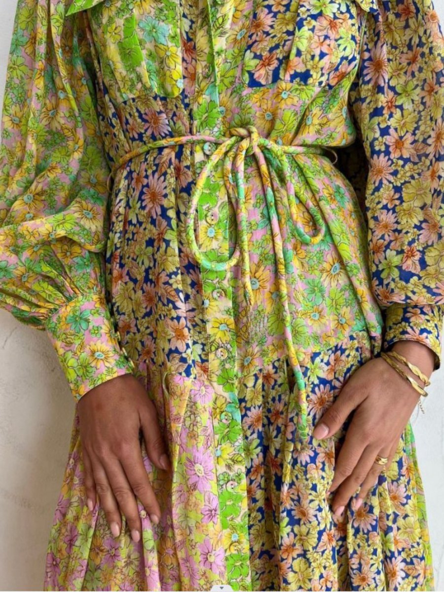 Printing Lantern Sleeve Dress - allsose