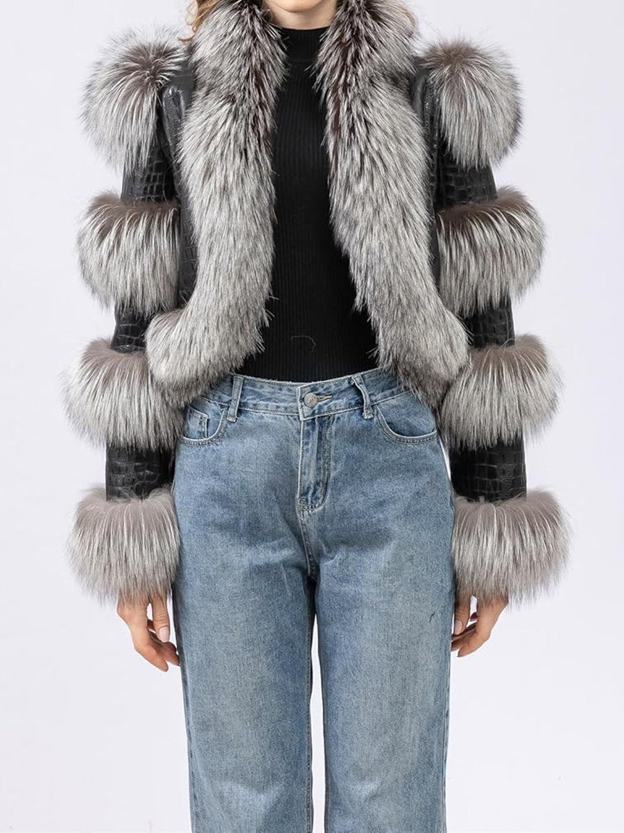 PU Patchwork Faux Fox Fur Coat - allsose