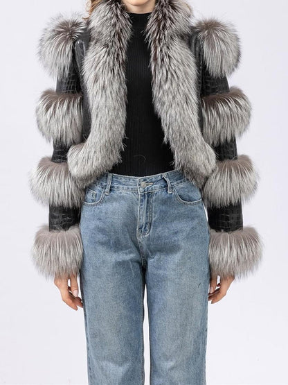 PU Patchwork Faux Fox Fur Coat - allsose