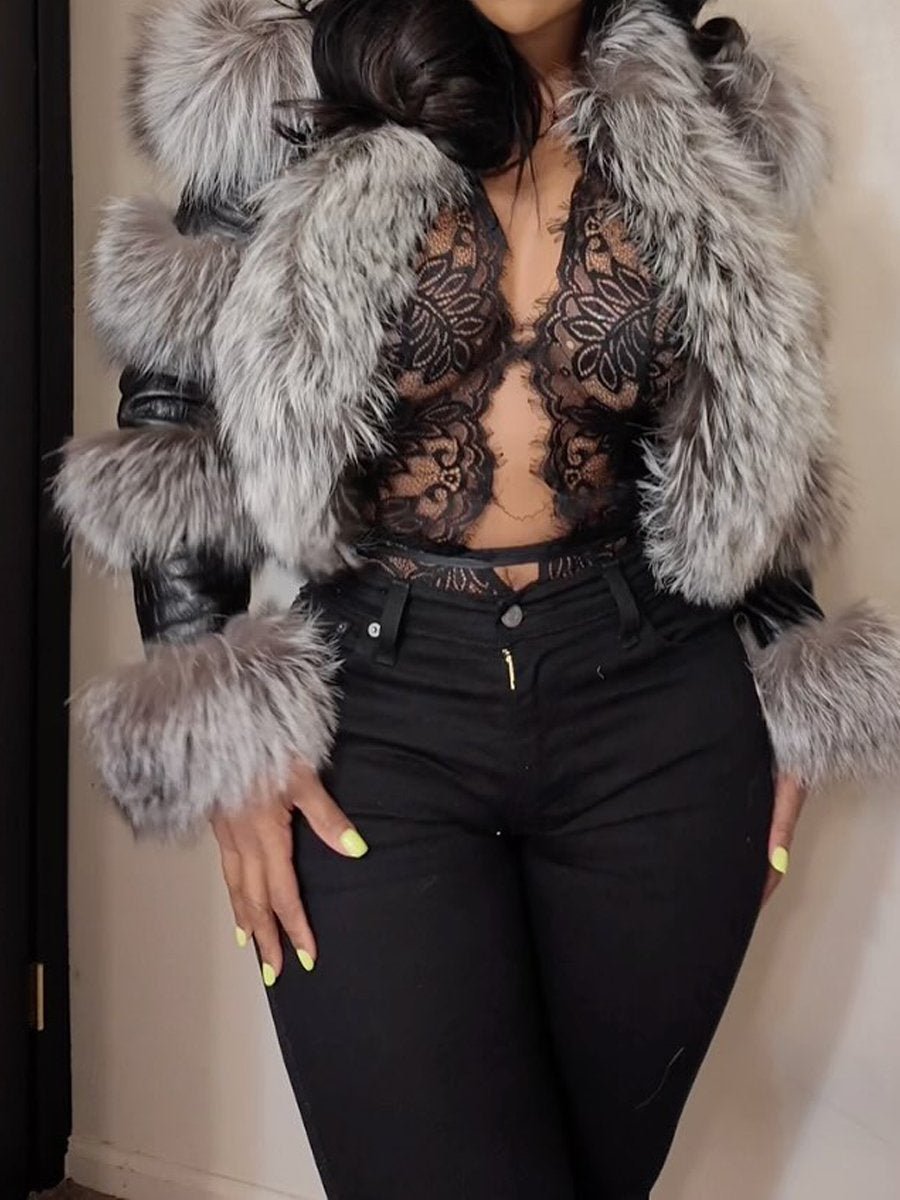 PU Patchwork Faux Fox Fur Coat - allsose