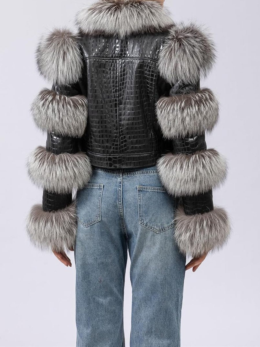 PU Patchwork Faux Fox Fur Coat - allsose