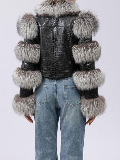 PU Patchwork Faux Fox Fur Coat - allsose