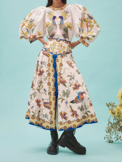 Puff Sleeve Printed Set Dress - allsose