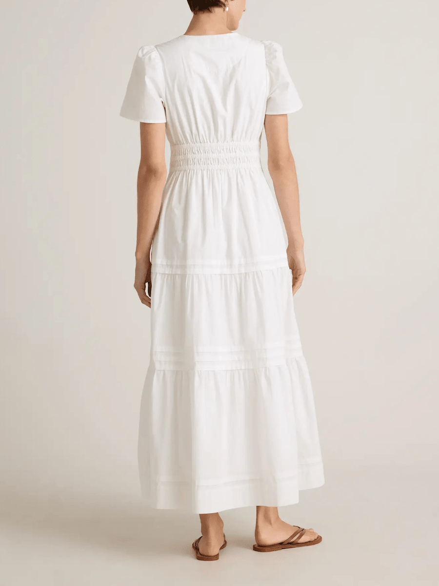Pure White Cotton Tiered Maxi Dress - Split Neck Smocked Waist Casual Dress - allsose