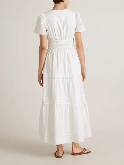 Pure White Cotton Tiered Maxi Dress - Split Neck Smocked Waist Casual Dress - allsose