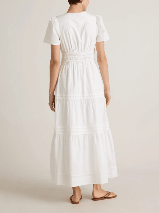Pure White Cotton Tiered Maxi Dress - Split Neck Smocked Waist Casual Dress - allsose