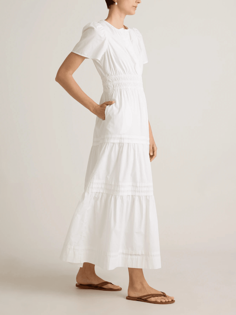 Pure White Cotton Tiered Maxi Dress - Split Neck Smocked Waist Casual Dress - allsose