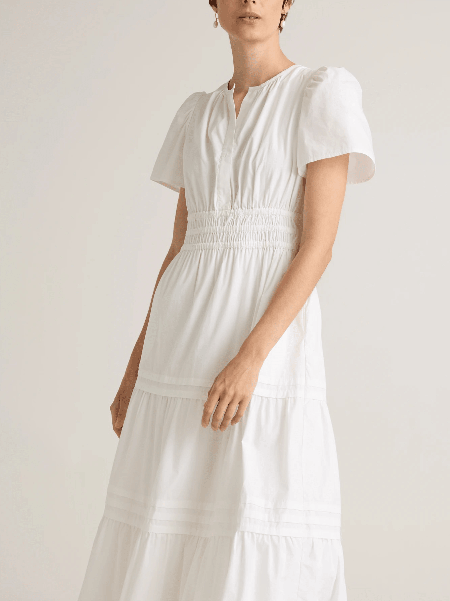 Pure White Cotton Tiered Maxi Dress - Split Neck Smocked Waist Casual Dress - allsose