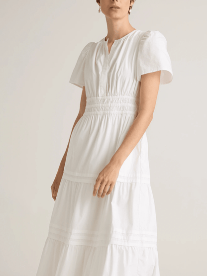Pure White Cotton Tiered Maxi Dress - Split Neck Smocked Waist Casual Dress - allsose
