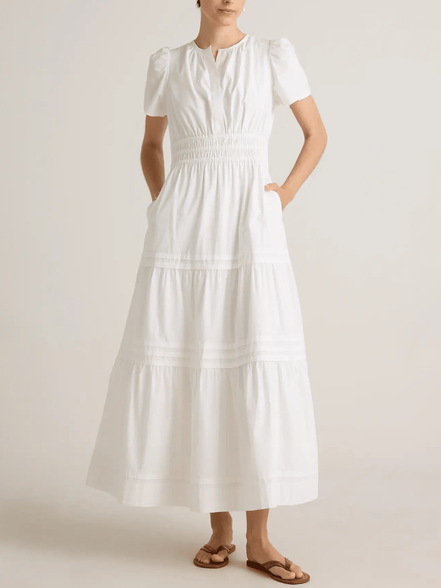 Pure White Cotton Tiered Maxi Dress - Split Neck Smocked Waist Casual Dress - allsose