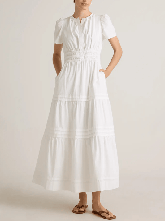 Pure White Cotton Tiered Maxi Dress - Split Neck Smocked Waist Casual Dress - allsose