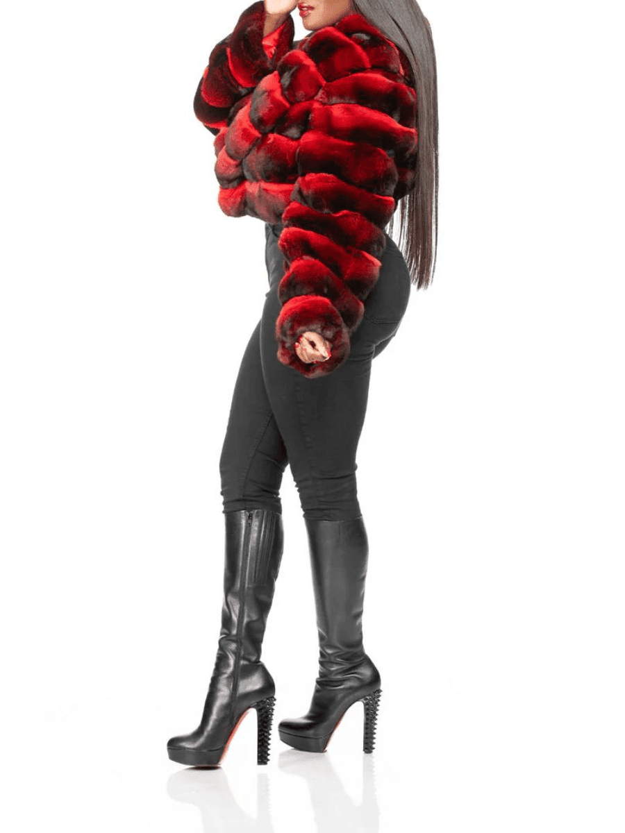 Red - Brown Gradient Patchwork Faux Fur Cropped Coat - allsose